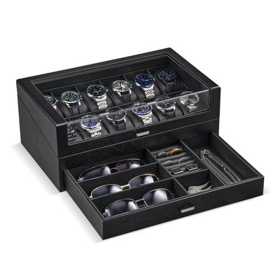 ProCase Wooden Watch Case, Holds 12 Watches, 2-Tier Watch Box, Jewelry Organizer for Men, Display Storage Case with Glass Lid - Black