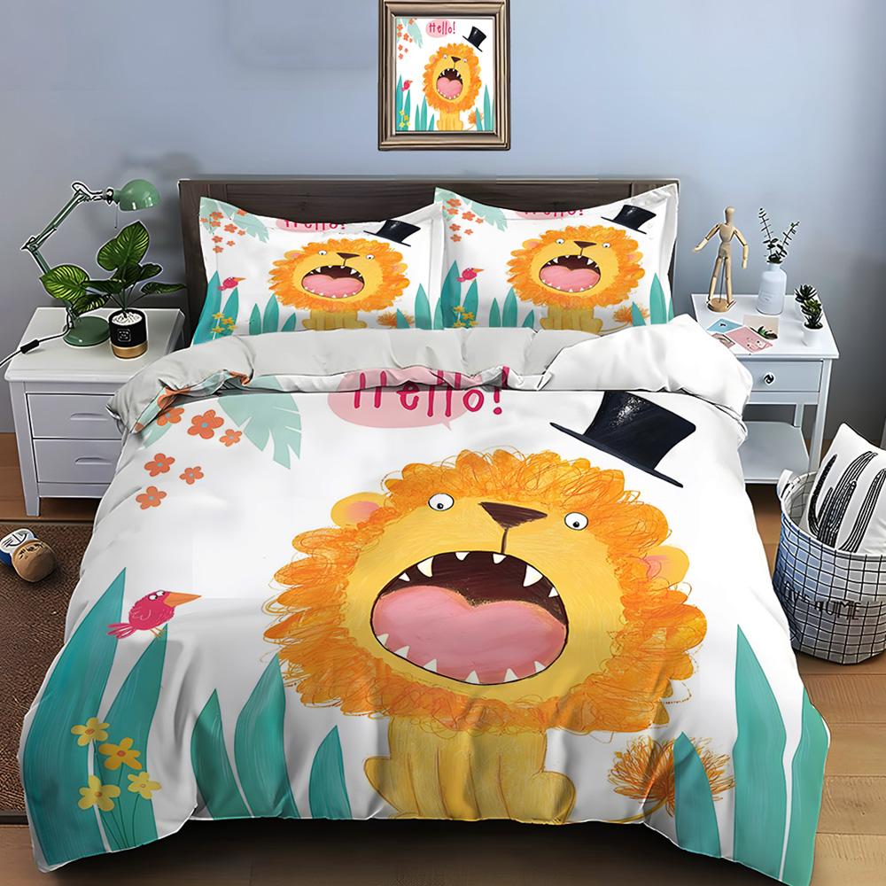 Cartoon Lion With Hat And Bird Print Soft Comfortable Duvet Cover Bedding Set Included 1*Duvet Cover 2*Pillowcases For Gifts