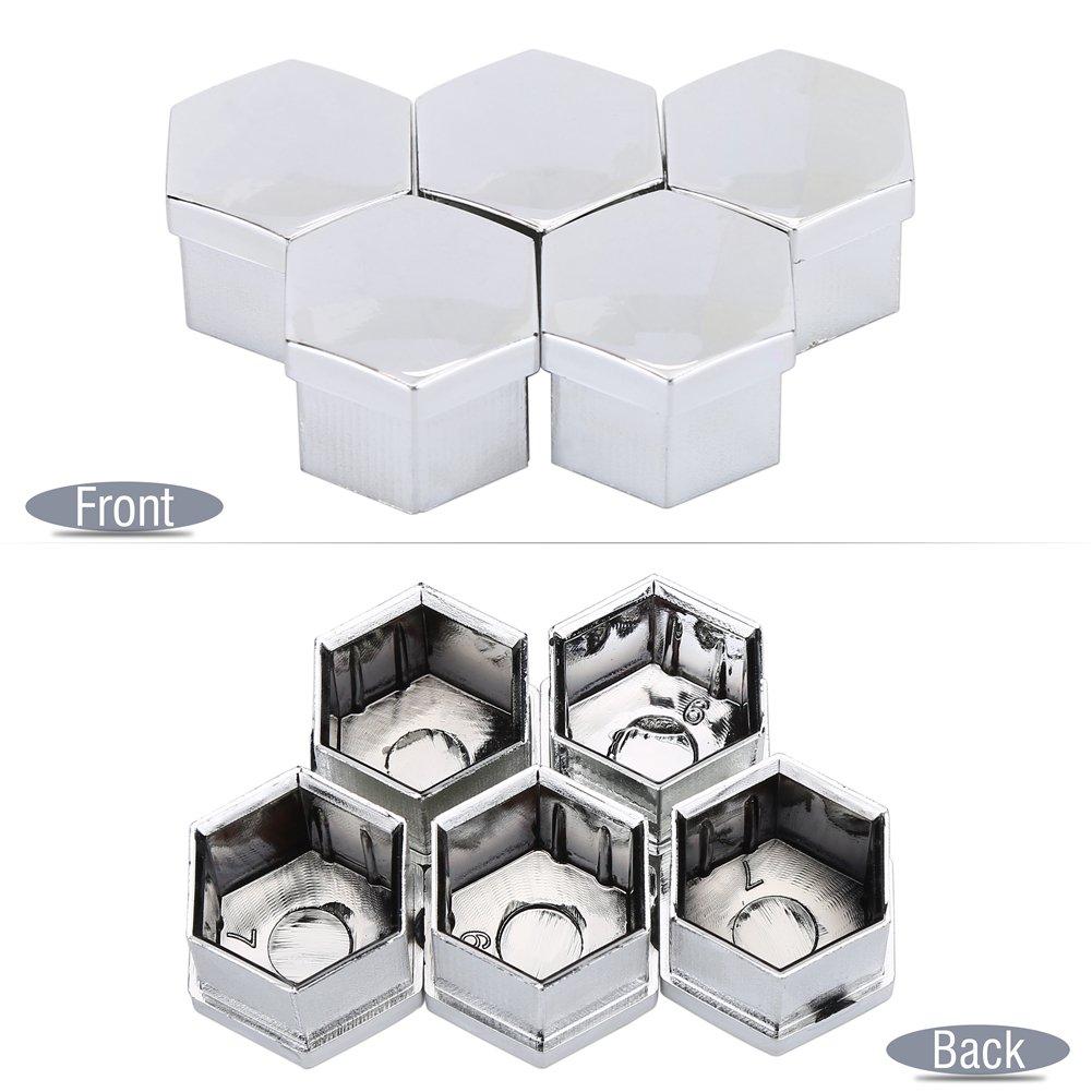 Keenso 20Pcs 17mm Wheel Lug Nut Bolt Hub Screw Silver Cover Tyre Protective Decor CenterCovers Bolt with Removal Tools