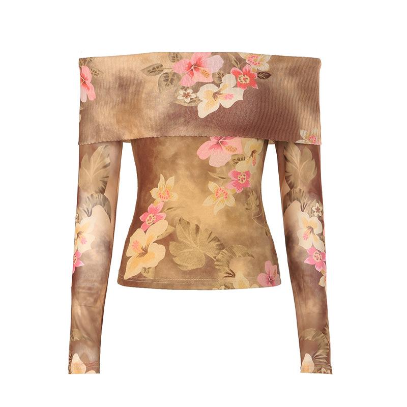 

Женский нежный винтажный топ с манжетами и одним воротом с цветочным принтом Spice Girl, сексуальный, с открытыми плечами, облегающий, с длинными рукавами S коричневый