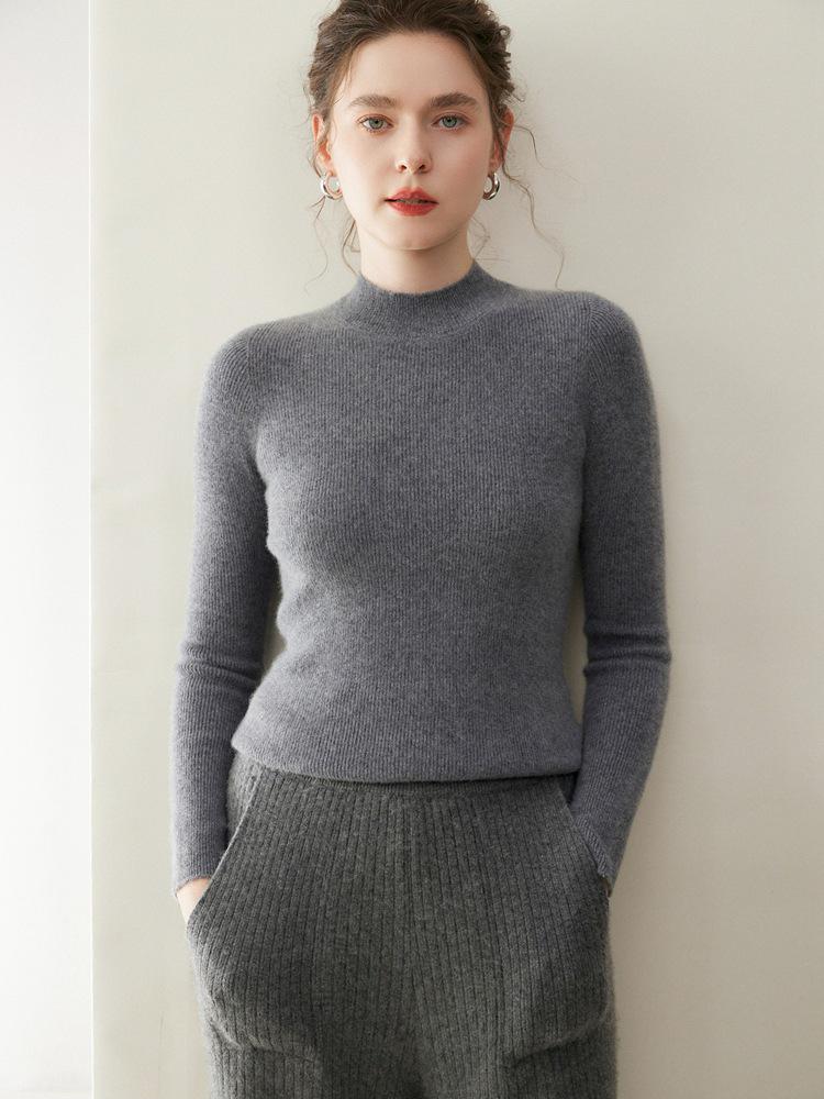 Classic Women's Cashmere Knit Pullover: Striped Half-High Collar, Solid Color, Autumn/Winter Commute Sweater