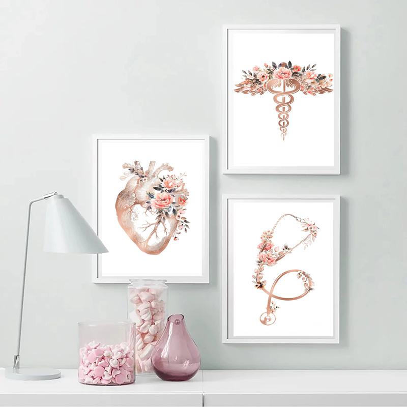 Nordic Creative Human Organs Heart Pink Flower Canvas Print Poster Wall Art Decorative Painting Medical Education Mural Posters