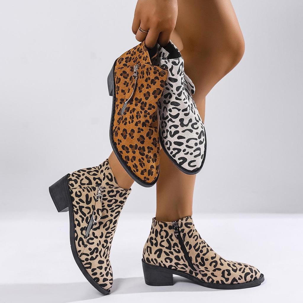 Autumn 2025 Chunky Heel Leopard Print Short Boots: Women's Plus Size Pointed Toe, British Style, Medium Heel Fashion