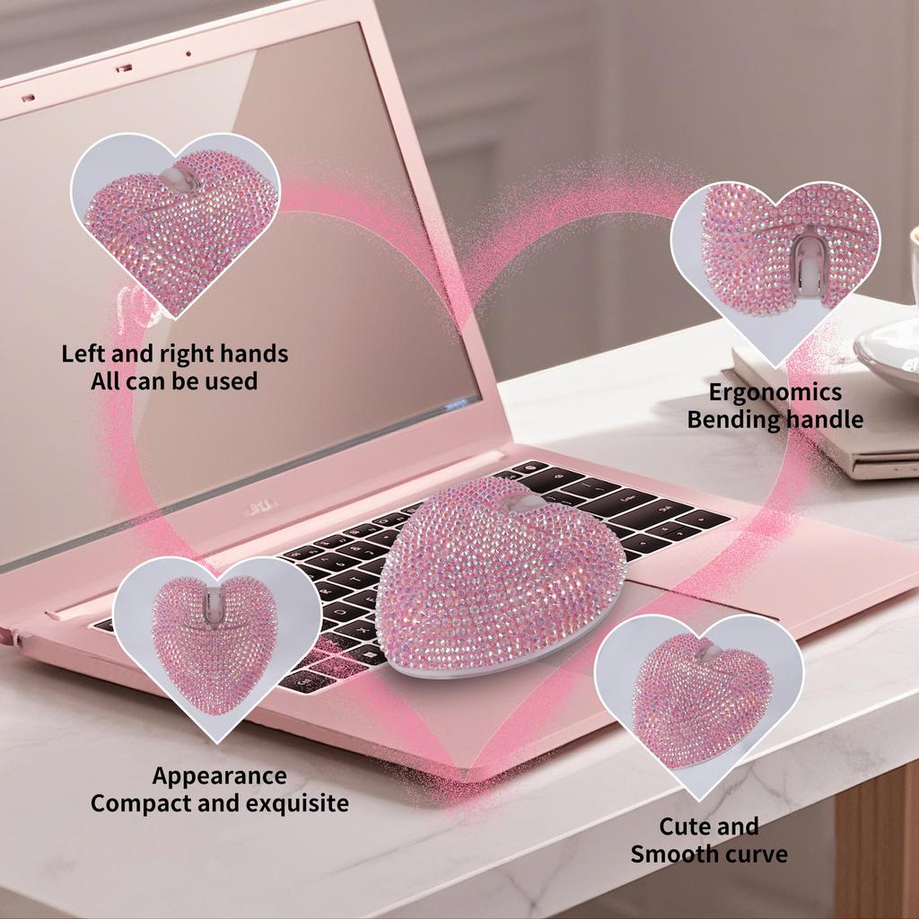 Cute Crystal Heart Shaped Bluetooth Wireless Mouse, 2.4GHz and USB Compatible, Rechargeable, Compact, Wireless, Compatible with iOS, MacBook,