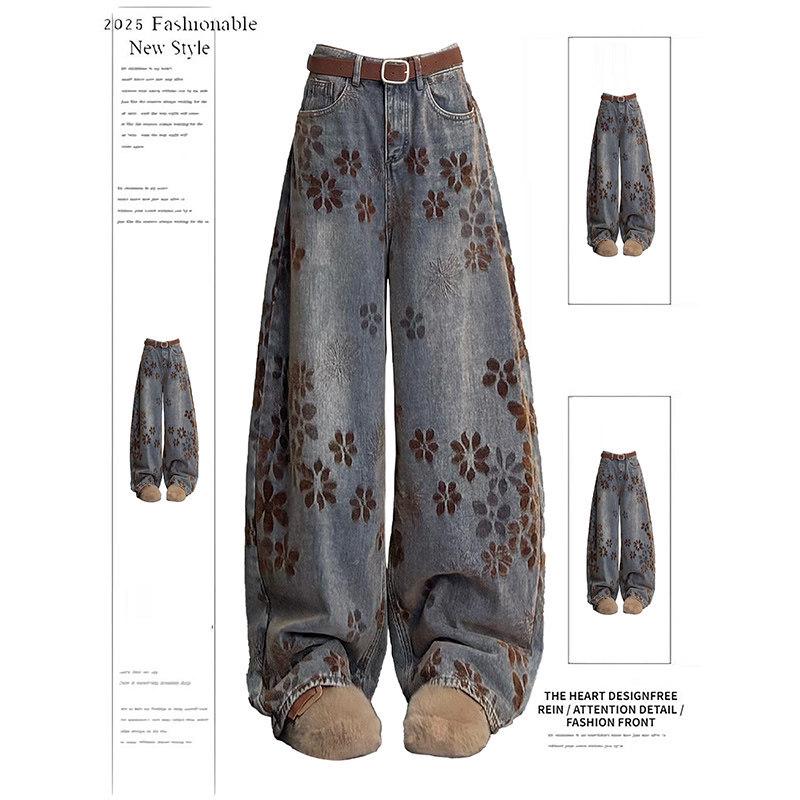 Women s American Retro Jacquard Curved Knife Jeans - Autumn/Winter Slimming Loose Wide-Leg Pants 2XL