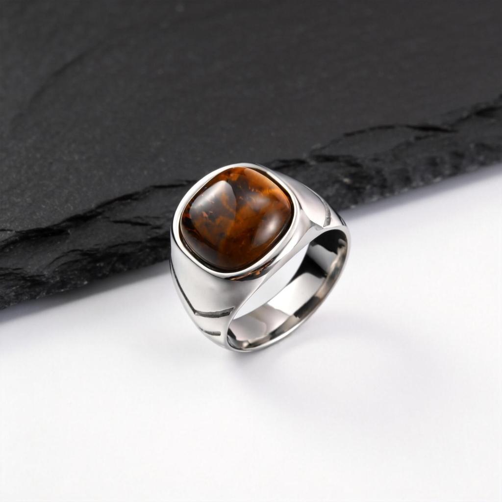Tiger Eye Stone Ring for Men Boys,Stainless Steel Natural Stone Square Ring,Casual Punk Jewelry Gift for Dad Son
