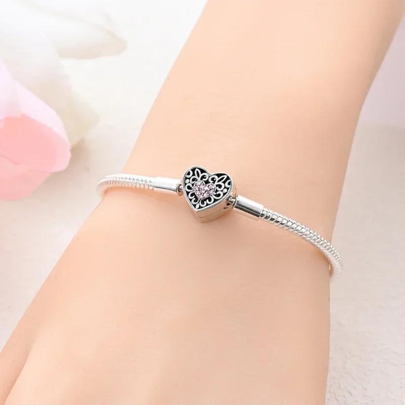 925 Silver Pink Heart Bracelet Shiny Zircon Fit Charms Silver 925 Bracelet DIY Jewelry Making Fine Gifts for Women