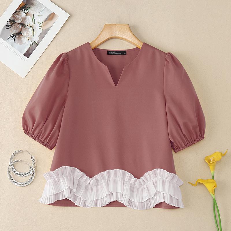 ZANZEA Women Casual V-Neck Summer Short Sleeve Splice Blouse