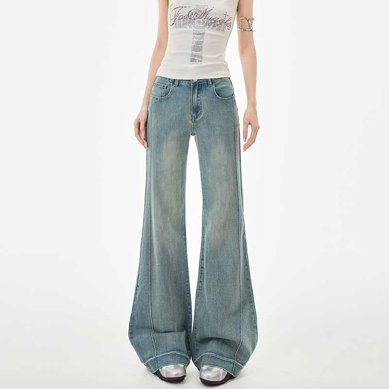 Early Spring High-Waisted Tummy Control Micro-Flare Patchwork Denim Pants for Women Extra Small