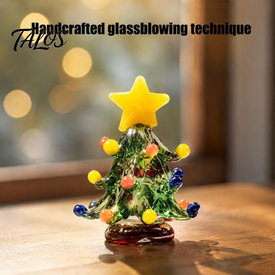 Rotating Interactive Christmas Decor Glass Tree Figurine with Ceramic Base, Handmade Glazed Miniature Holiday Table Centerpiece Ornament for