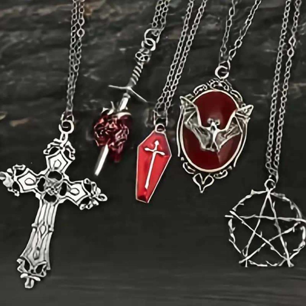 5pcs Set Goth Oval Relief Vampire Bat Coffin Cross Star Shaped Pendant Necklace for Women Halloween Stainless Steel Jewelry Sets