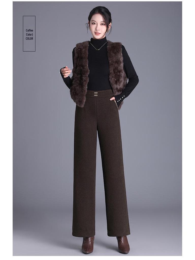 Women's 2025 Winter High-Waisted Woolen Silk Cotton Wide-Leg Pants: Loose, Warm, Drape, Hip-Covering Straight-Leg Design