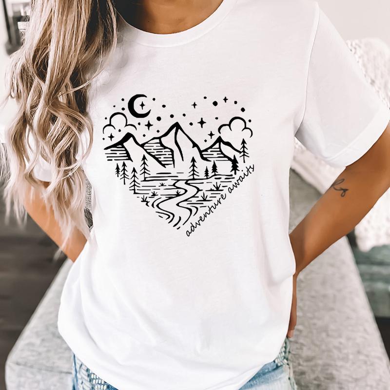 New Fashion Unisex Summer Sleeves Streetwear Mountain Hiking Camping Print Adventure Awaits Casual Crew Neck Sleeve Tee