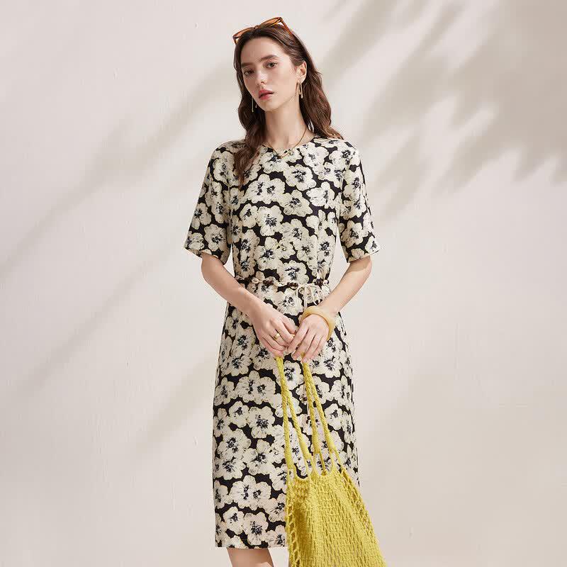 Zhaojun 2026 S/S Printed Mulberry Silk 3/4 Sleeve Tie-Waist Dress