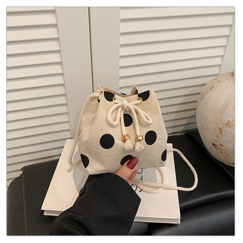 Polka Dot Nylon Drawstring Crossbody Bag Soft Lightweight Adjustable Strap Fashion Shoulder Purse for Women Shopping