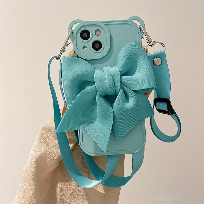 

3D мультфильмы медведь бант жидкий силикон кроссбоди ожерелье шнур ремешки милый телефон чехол для iPhone 14 13 12 11 Pro Max X XS чехол For iphone X/XS синий