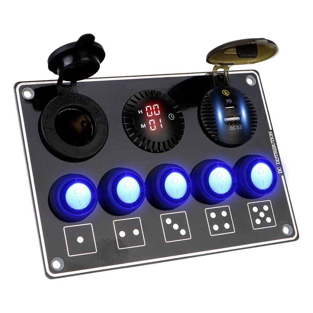 12/24V LED Voltage Display 5 Gang For RV Car Marine PD USB QC3.0 Quick Charge Car Accessories Waterproof Car Switch Panel