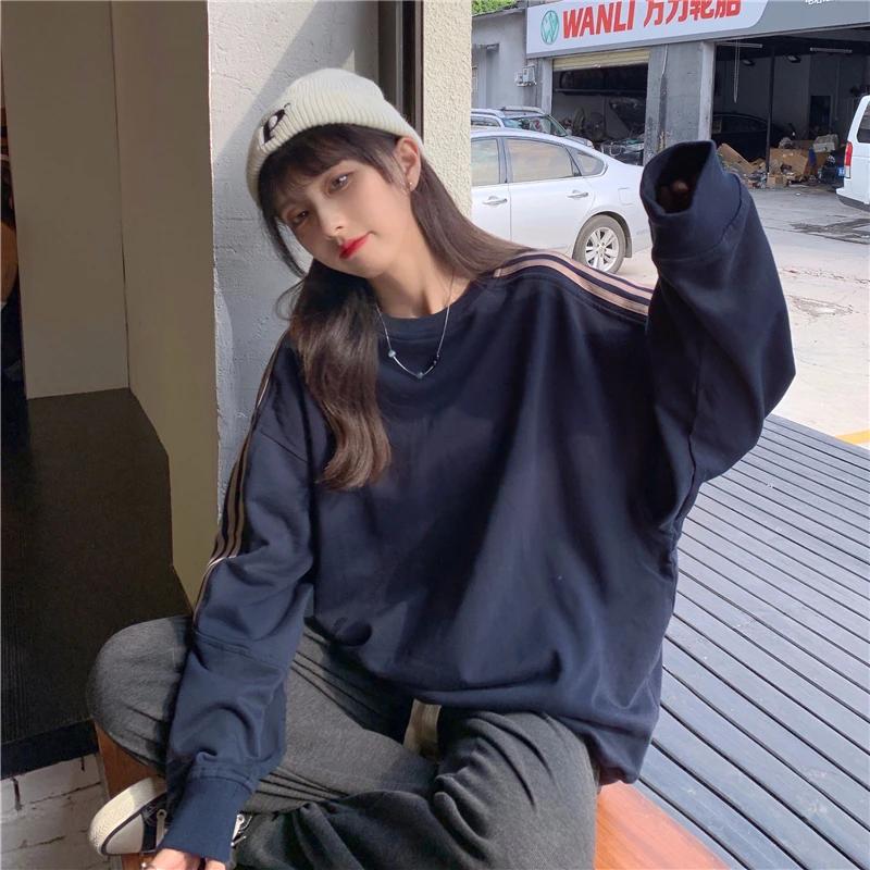 Autumn and Winter Sweatshirt Women Loose Striped Splicing Long Sleeve Tops Casual Versatile Female Winter Clothes Women