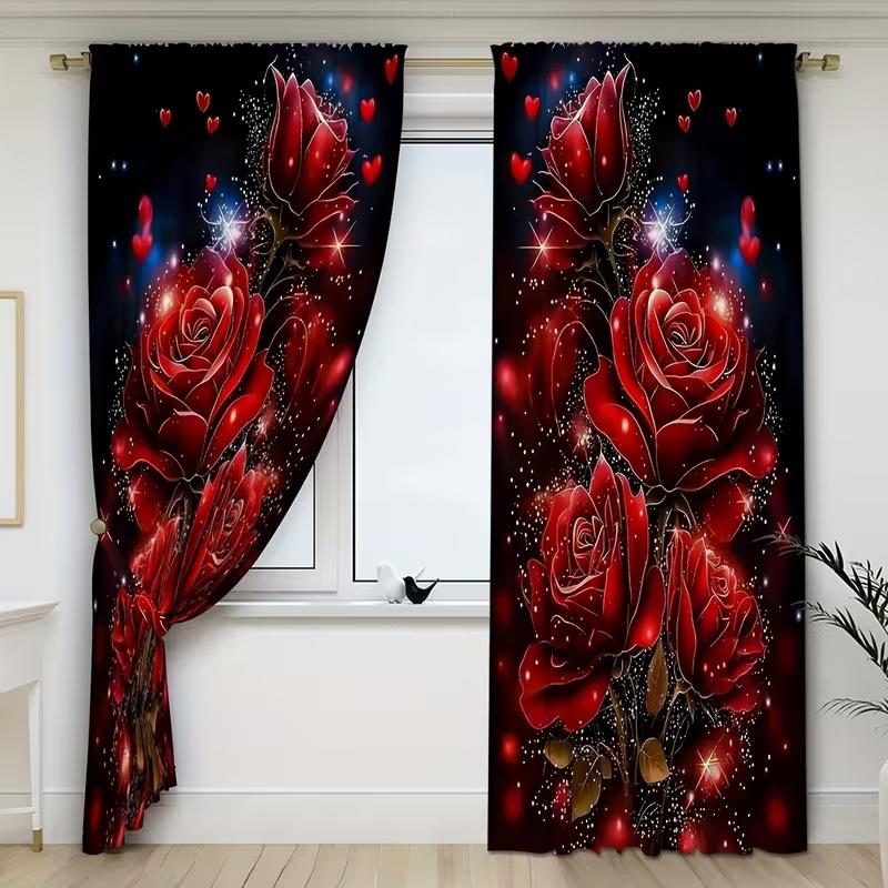 Set Of 2 Retro Heart Shaped Rose Print Curtains Suitable Bedroom Living Room Kitchen Decoration Home Window Curtain Polyester Perfect For Great