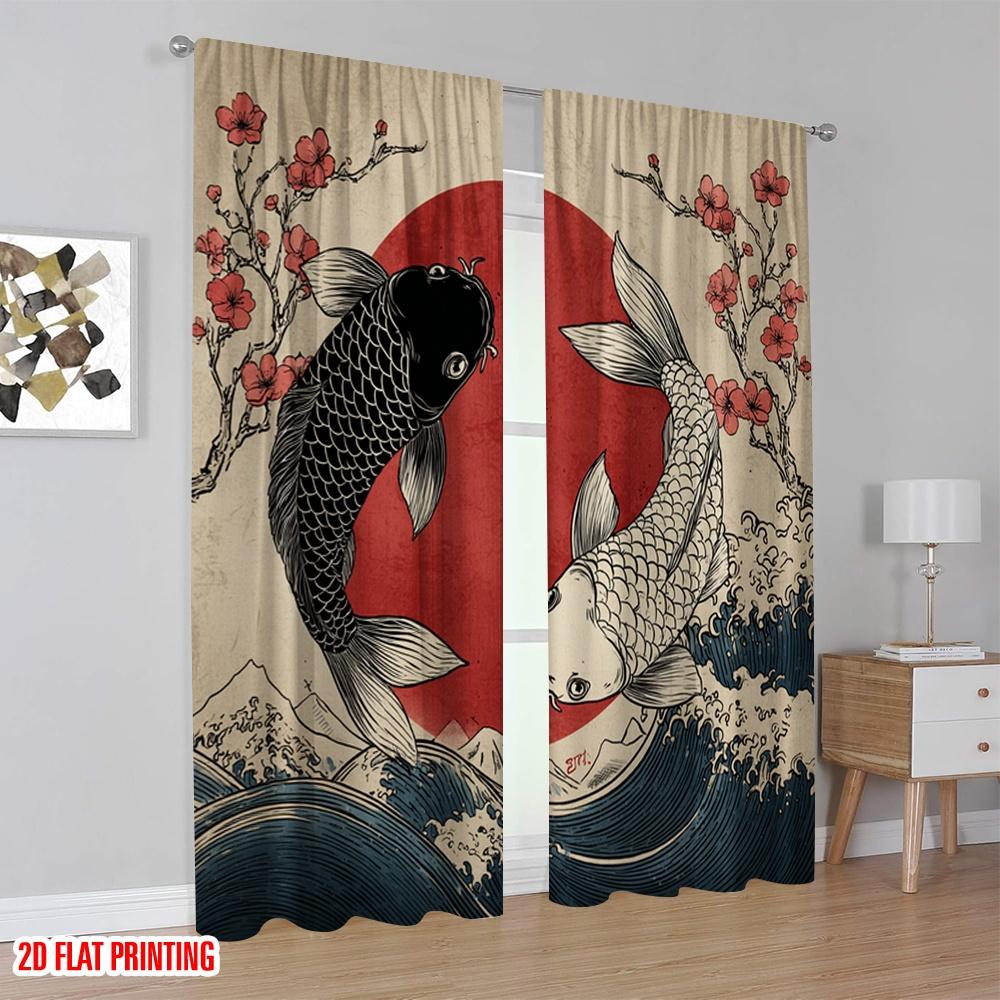 2D Flat Printing 2pcs Window Drapes Yin Yang Koi Japan Wave Digital Printed Polyester Drapes Seasonal Party & Holiday Decor