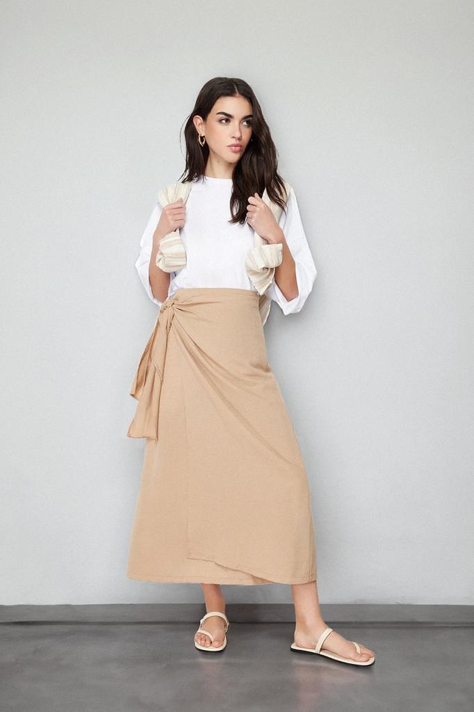 Women's Fashion Cinnamon Double Breasted Tie Detailed Woven Linen Look Skirt