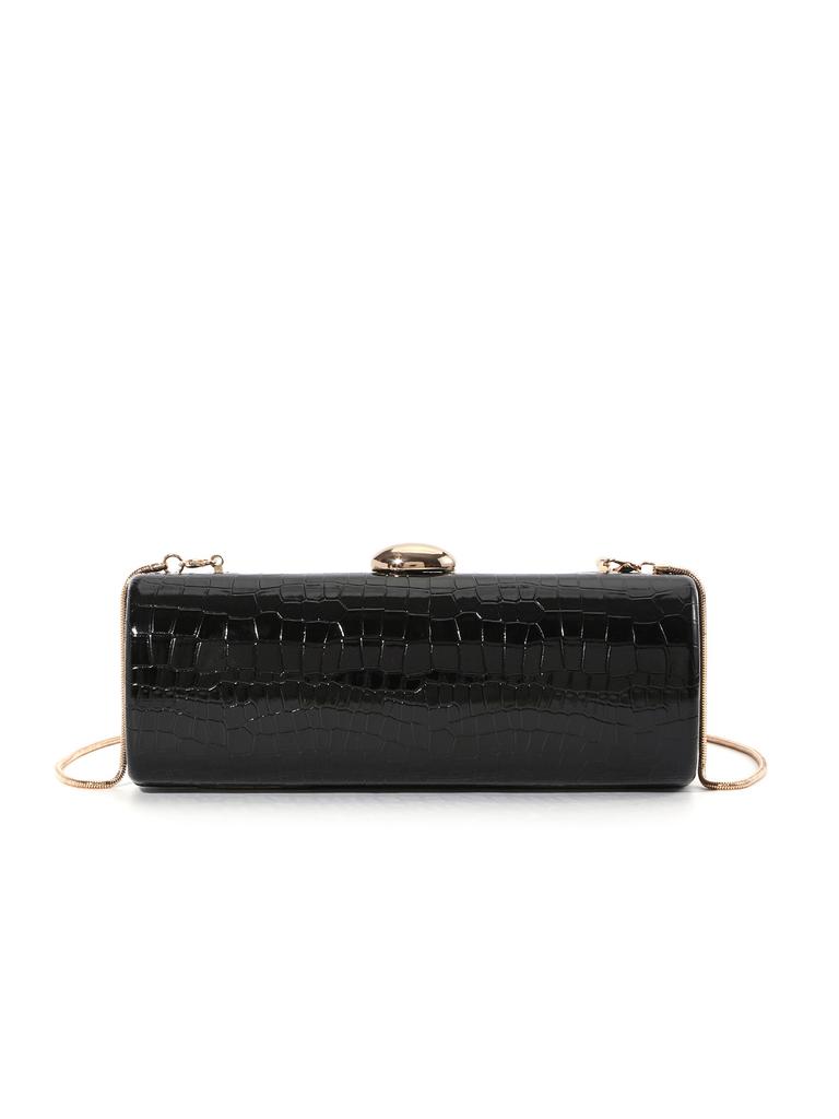 Vintage Cirkulær Rektangulær Clutch Kvinder PU Læder Krokodillemønster Punge Guld Metal Kæde Håndtaske Design Aftenfest Pung