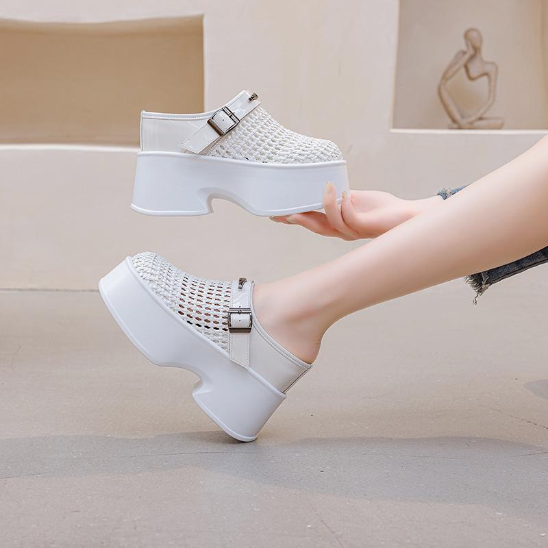 Thick-soled heelless bag head half slippers women's summer new 2025 woven inner height-increasing slippers breathable tide