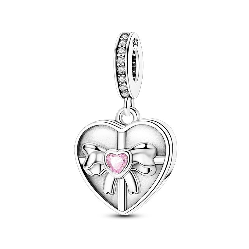 Mode Kopparfärg Låda Hjärta Formad Rosett Rosa Berlocker Pärlor Passar Pandach Original Armband Fint DIY Födelsedagssmycken