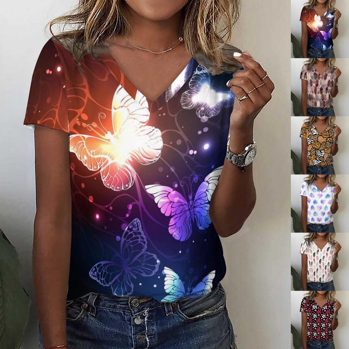 

Летняя новая модная женская повседневная футболка с v-образным вырезом и коротким рукавом с принтом больших размеров S-2XL