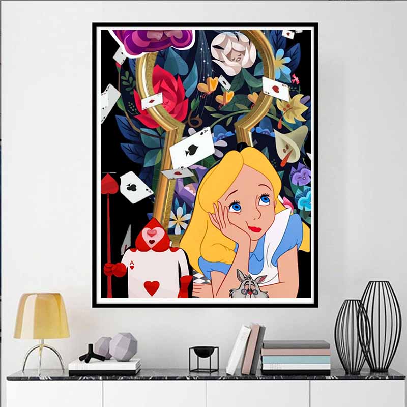 Disney 5D DIY Diamond Painting Alice in Wonderland Illustration Cartoon Full Diamond Mosaic Diamond Painting Art Wall Decoration Craft Set