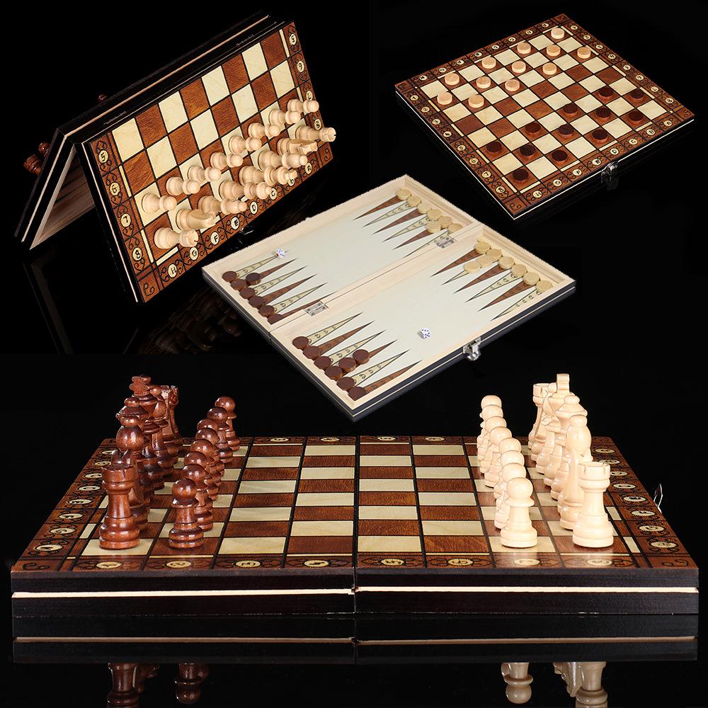 Magnetic 3-in-1 Foldable Portable Wooden International Chess Set Board size: 24CM