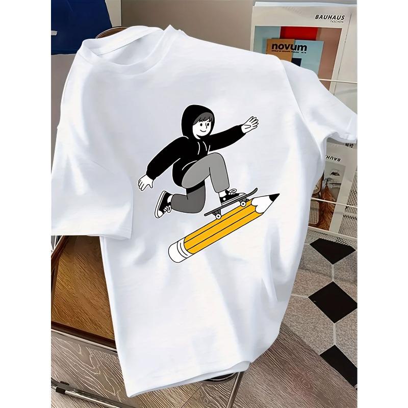 Kids Crewneck Short Sleeve T-Shirt, Cartoon Skateboarder Trendy Print 110 белый