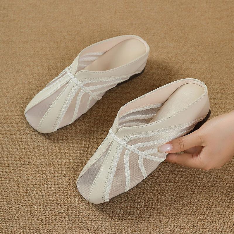 

Great good to wear bag head cool slippers women s fashion weaving silver square head low heel flat bottom inner height increase mesh half drag 40