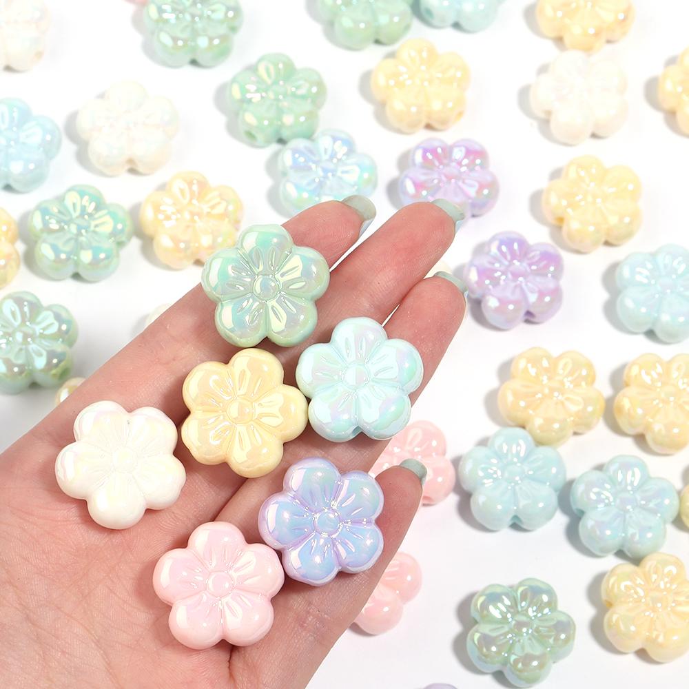 10pcs Colorful Acrylic Flower Beads Plated Color Five Petal Flower Big Hole Loose Beads For Jewelry Making DIY Bracelet Necklace
