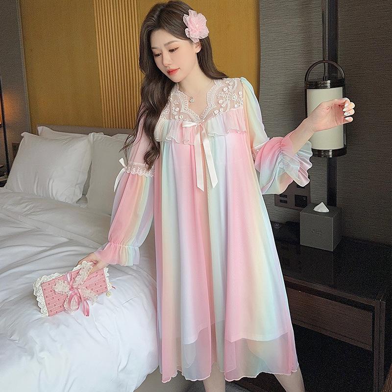 Ling Lei Chunqiu Solid Color V-Neck Lace Bow Mesh Court Princess Style Medium Long Pajamas Pajamas Homewear