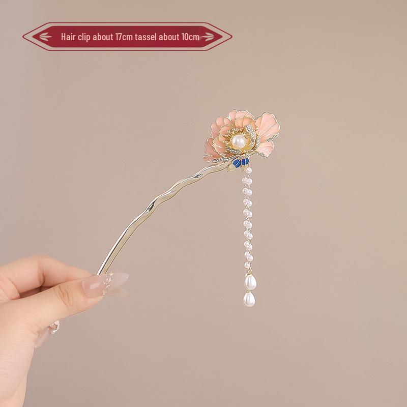 Elegant Red Rose Tassel Hairpin - U-shaped Hair Accessory for Women, Perfect for Updos and Traditional Attire.