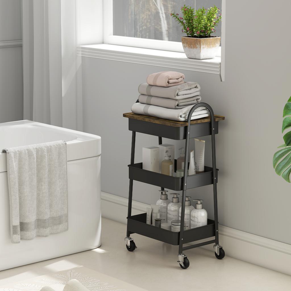 3 Tier Kitchen Storage Trolley With On Wheels Cover Top Board Rustic Brown And Black