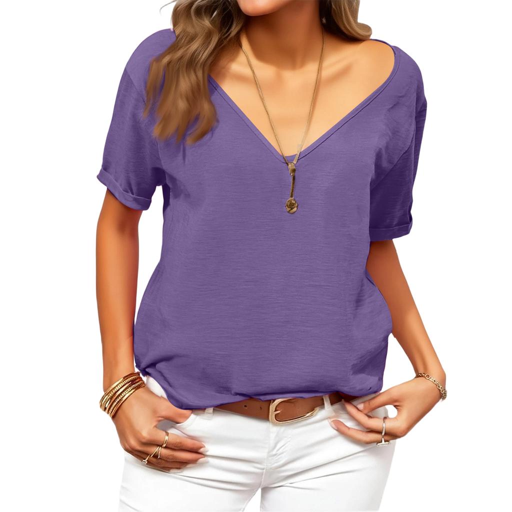 Women's Fashionable Deep V,neck Short,sleeved Color Casual Loose Top