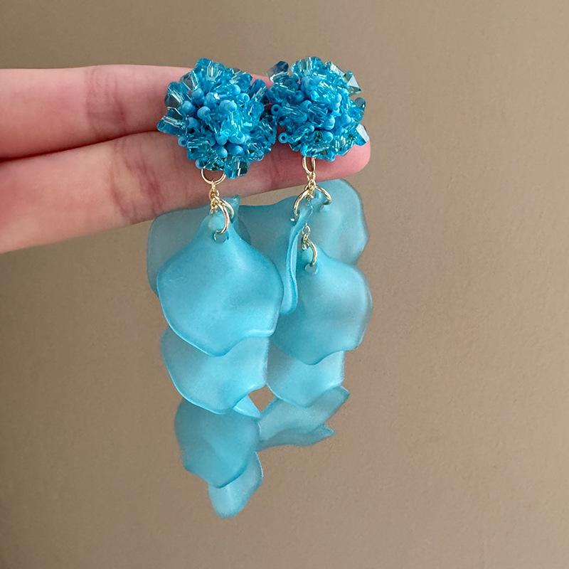 Blue Flower Leaf Dangle Earrings - Acrylic Long Drop Earrings for Women, Summer Beach Vacation Party Jewelry Accessories
