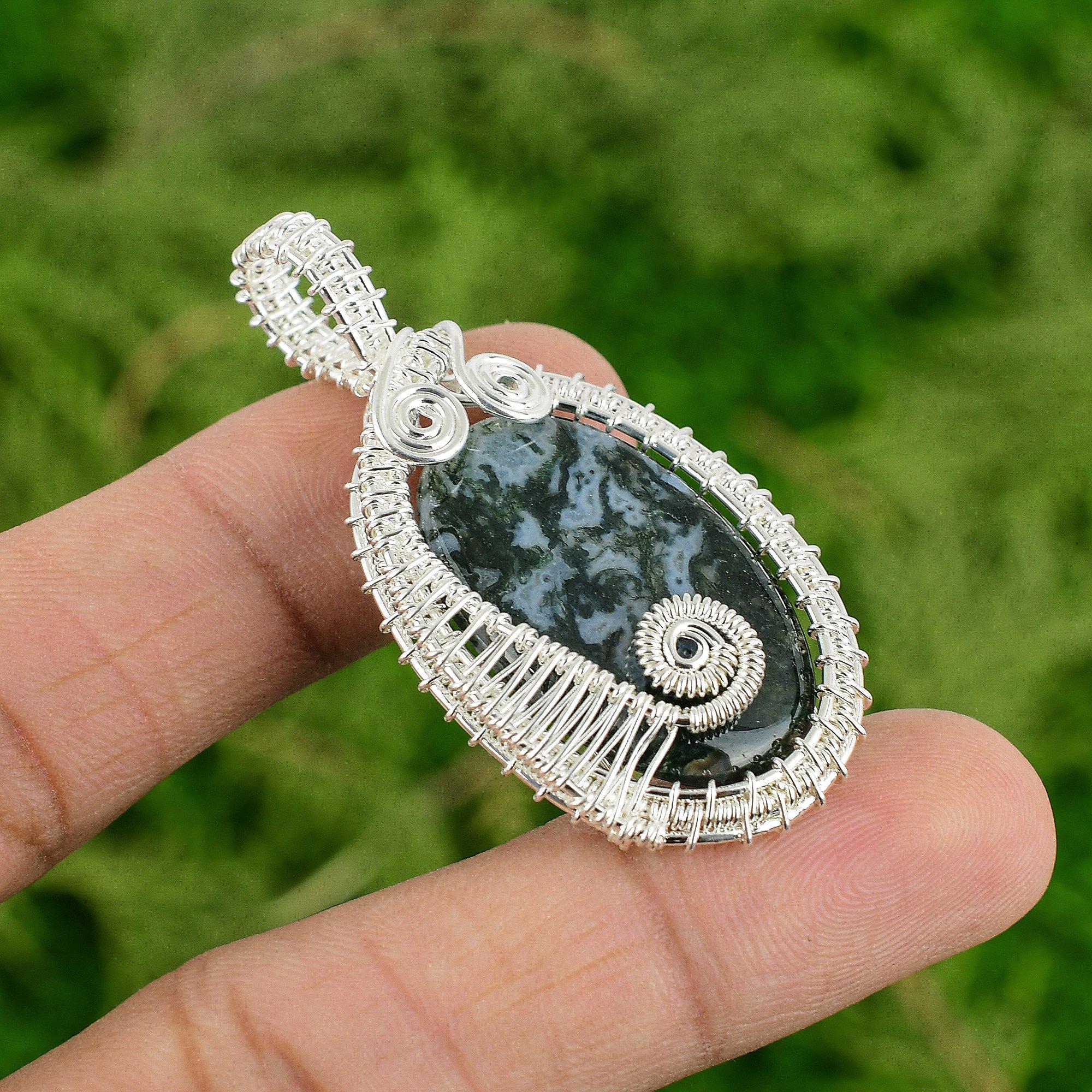 

Natural Solar Moss Agate Gemstone Pendant Wire Wrap 925 Sterling Silver Jewelry