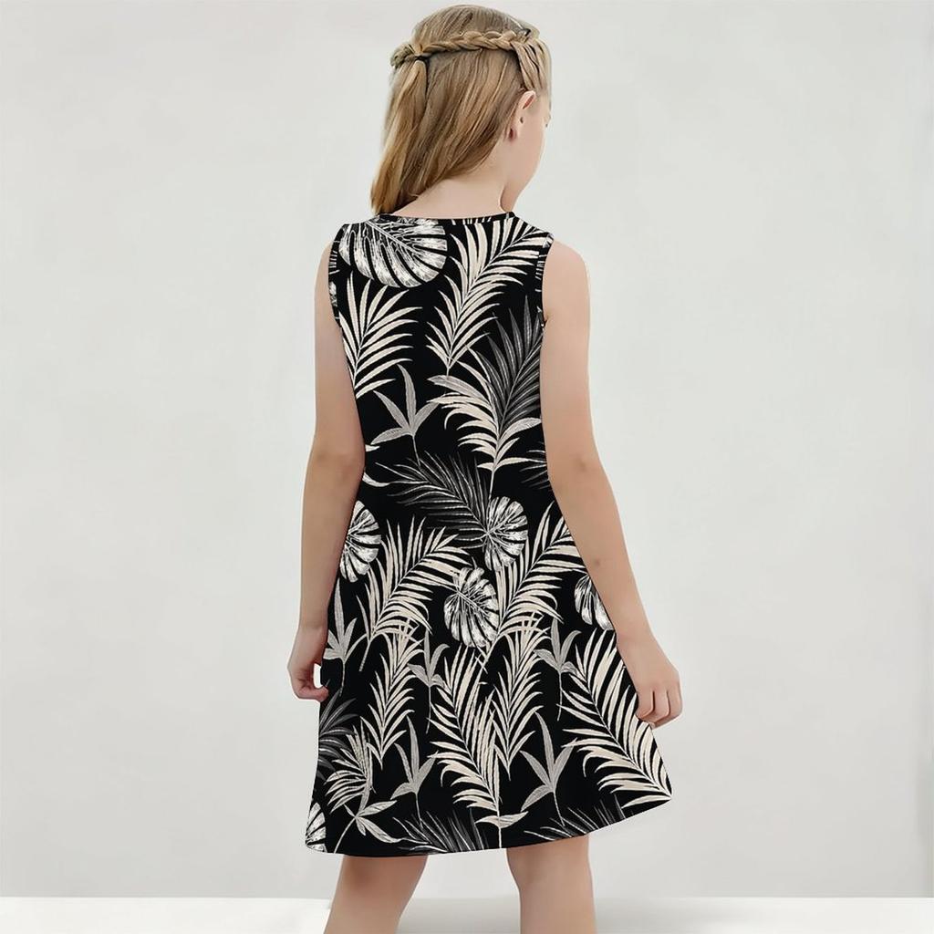 Little Girls Round Neck Sleeveless Clover Printed A Line Flared Dress