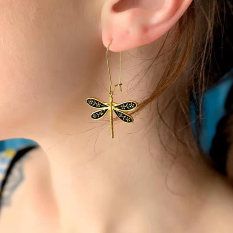1 Pair of Personalized Creative Dragonfly Style Patterned Pendant Earrings, Women's Retro Classic Holiday Accessory Gift