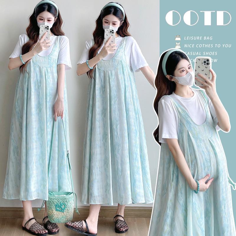 French Style Maternity Wear: Loose Cotton T-Shirt Dress - Two-Piece Set 2XL