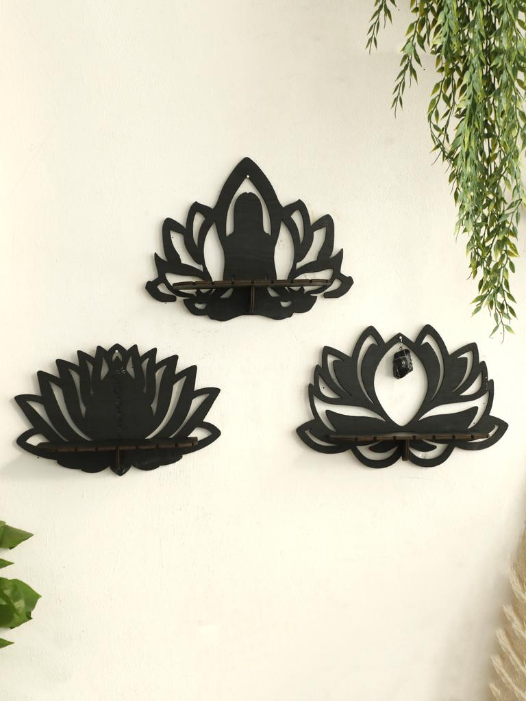 Lotus Ccrystal Shelf Display Black Wooden Wall Shelves Boho Floating Wall Shelf for Bedrooms Offices Living Room Aesthetic Gift