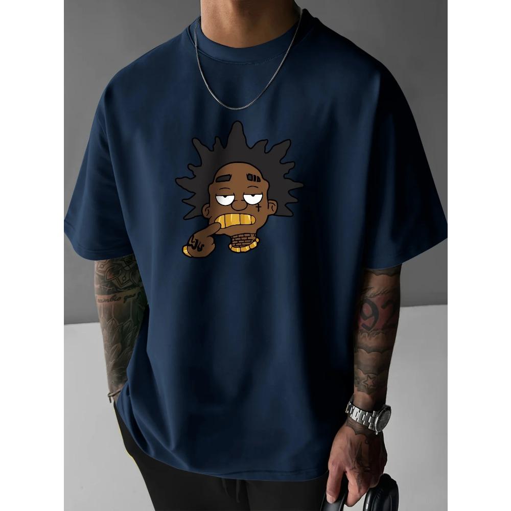 Mens Big Golden Teeth Portrait Print Crew Neck Short Sleeve T-Shirt Casual Loose Men's Clothing Cotton Fashion Streetwear