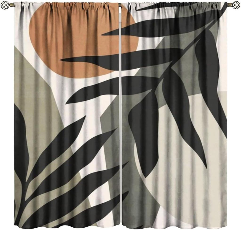 Mid Century Abstract Boho Orange Decor Curtain, Spring Summer Pink Green Nature Leaf Sun Modern Home Kitchen Livingroom Coffee