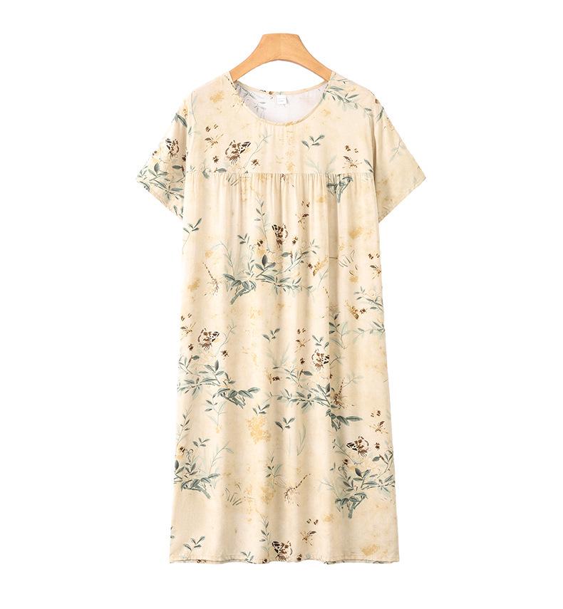 Floral Print Cotton Silk Knee-Length Dress for Middle-Aged Women – Lightweight, Short-Sleeved, Loose-Fit, Plus Size