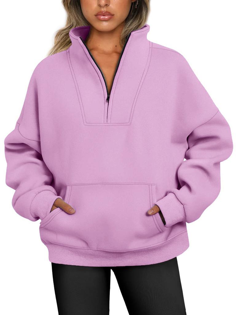 2025 Autumn and Winter Stand-up Collar Solid Color Sweater Pocket Zipper Women's Casual Loose Fleece Threaded Top