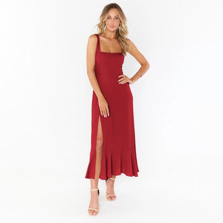 Women Summer Casual Sleeveless Spaghetti Strap A-Line Dress High Waist Long Split Solid Color Dresses
