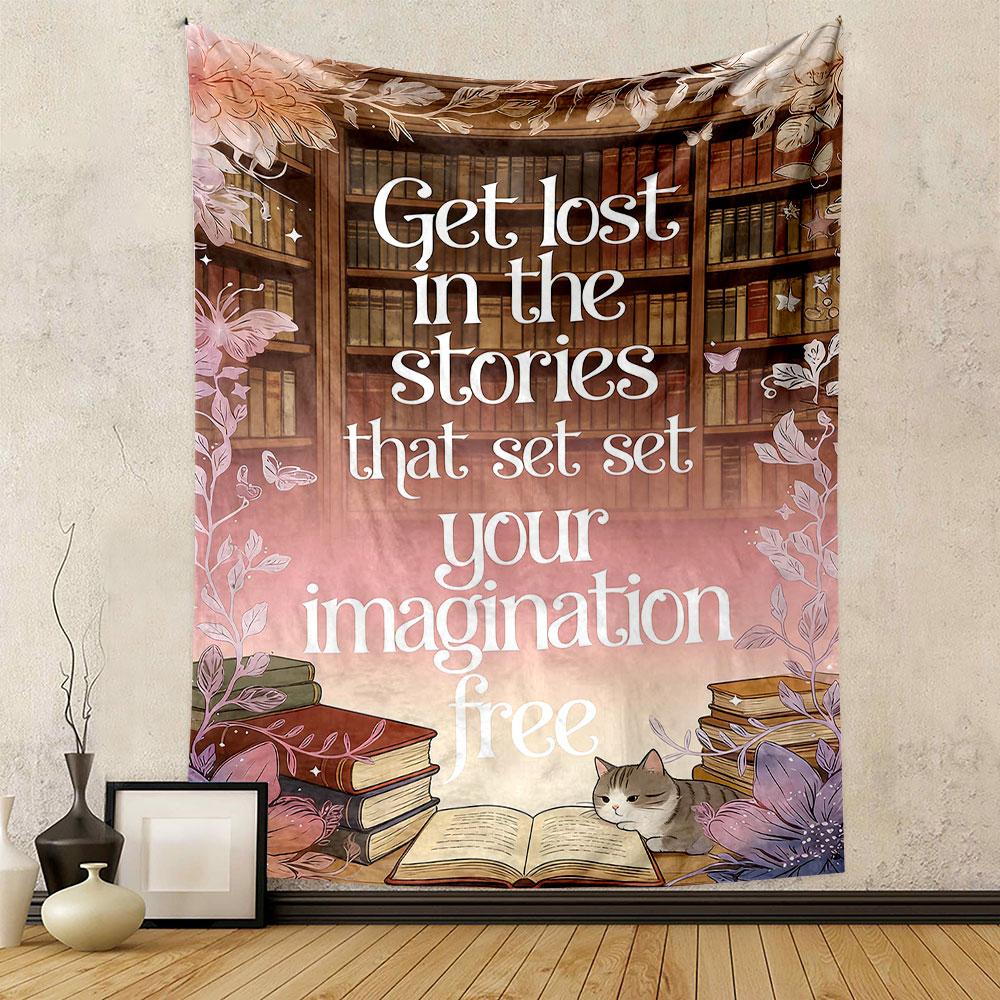 Get Lost in Stories with Cat & Books Patterned tapestry home decor, suitable for bedroom and living room, gift
